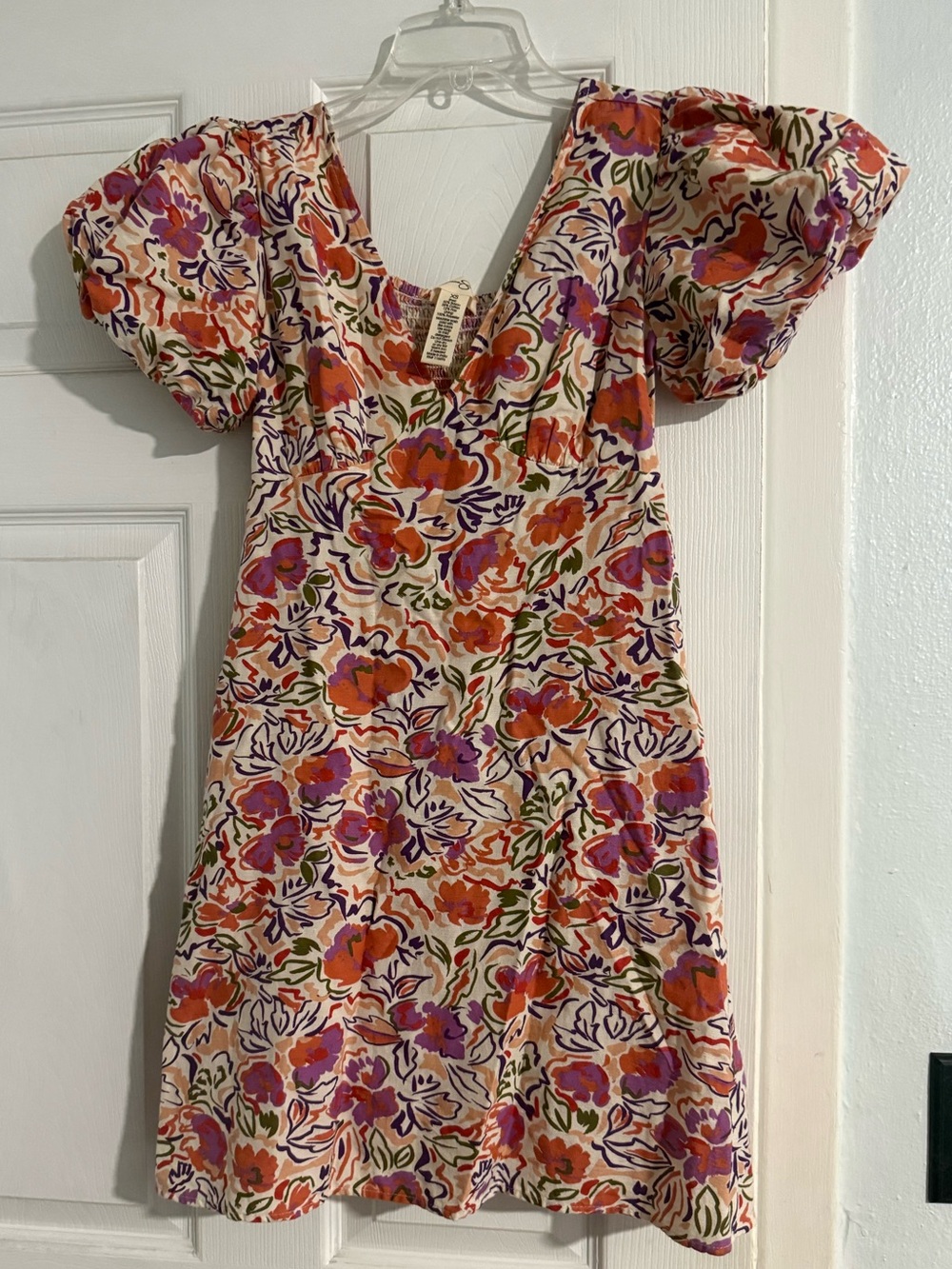 Jessica Simpson Cream Floral Puff-Sleeve Mini Dress with Orange & Purple Print